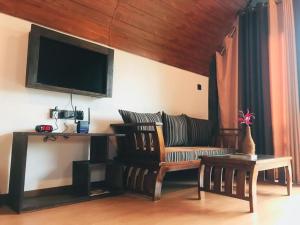 a living room with a couch and a tv at Water Side Cabin in Nallathaniya