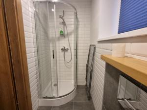 a shower with a glass door in a bathroom at J55 Apartments in Rīga