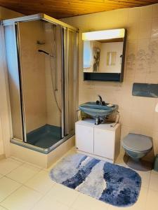 La salle de bains est pourvue d'une douche, d'un lavabo et de toilettes. dans l'établissement Sansoucis, à Tegna