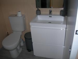 a bathroom with a white toilet and a sink at Chambre nature in Arès