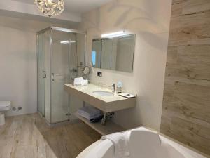 uma casa de banho com um lavatório, um chuveiro e um WC. em Picos de Europa Suites and Rooms em Turieno