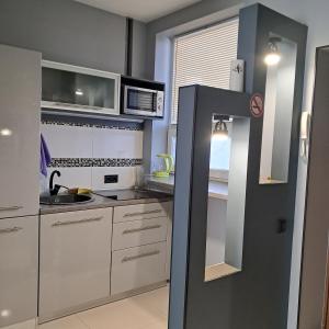 La cuisine est équipée de placards blancs et d'un four micro-ondes. dans l'établissement Apartment on Tytova 8, à Dnipro