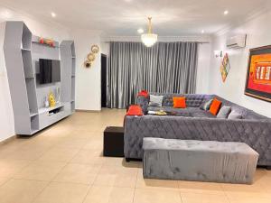Tribeca pod (3 bedroom with swimming pool) V.i Lagos في لاغوس: غرفة معيشة مع أريكة رمادية وتلفزيون