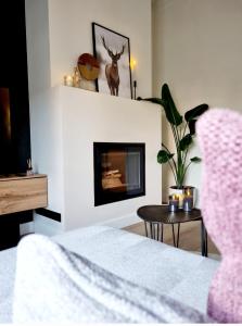a bedroom with a bed and a fireplace at vakantiewoning 266 in De Panne