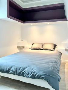 een slaapkamer met een groot bed en een blauwe deken bij L'Antre vue - jacuzzi au château in Belberaud
