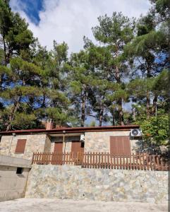 a house with a stone wall and a fence at Butterfly Home in Platres
