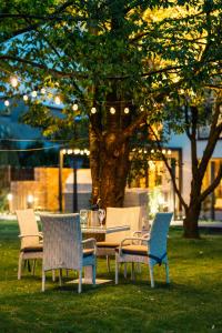 un tavolo e sedie nell'erba vicino a un albero di H&G Boutique Apartments a Oświęcim