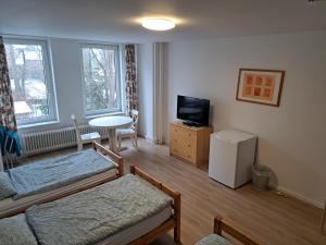 salon z 2 łóżkami i telewizorem w obiekcie Apartmenthaus Hartl w mieście Barmstedt