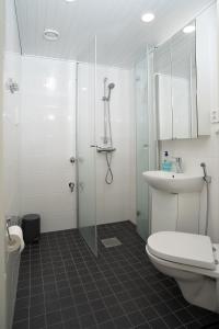 a bathroom with a shower and a toilet and a sink at Holiday Apartment Aava 4 in Rovaniemi