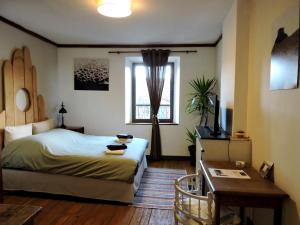 a bedroom with a bed and a desk and a window at Gîte Champagne LA PARCELLE in Connigis