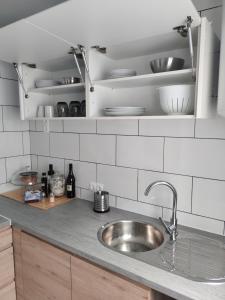 a kitchen counter with a sink and plates on shelves at Oasis-Triana's Hallway in Camas