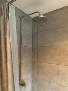 a shower with a shower curtain and a shower head at Belle View cottage in Bewdley