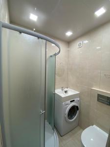 a bathroom with a toilet sink and a washing machine at Ziemeļblāzma in Rīga +7 photos