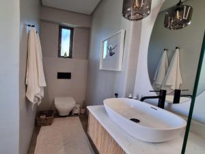 a bathroom with a large white sink and a toilet at Quaint Cottage in Hermanus +24 photos
