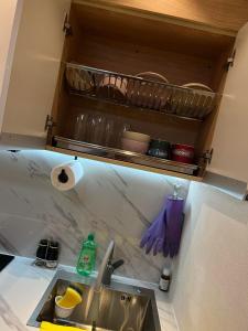 um balcão de cozinha com um lavatório e uma faca em Comfy and simple apartment em Ulan Bator
