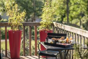 a tray of food on a table on a deck at Le Logis des Prés Verts Villa avec Jacuzzi Privatif in Jouey