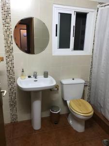 een badkamer met een wastafel, een toilet en een spiegel bij Una casa con vistas in La Caleta