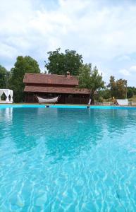 a large swimming pool with a building in the background at Agrovillage in Labaşinţ