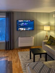 sala de estar con sofá y TV en la pared en Villa Lyngenfjord en Olderdalen