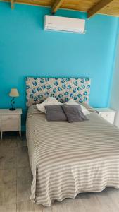 玛尔德科博Casa a 50 mts de la playa的卧室里有一张大床，墙壁是蓝色的