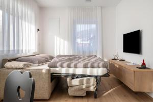 a bedroom with a bed and a table and a tv at Mountain Meadows Apt 2 in Valdaora
