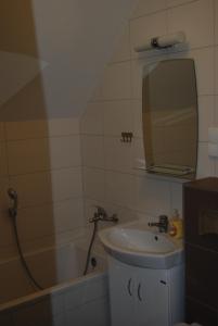 a bathroom with a sink and a tub and a mirror at Domek nad Muszynką in Muszyna