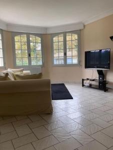 ein Wohnzimmer mit einem Sofa und einem Flachbild-TV in der Unterkunft villa familiale de caractere in Casteljaloux
