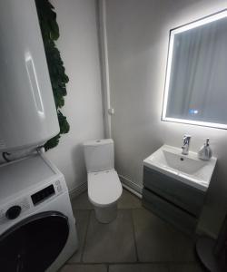 y baño con aseo blanco y lavamanos. en Chambre LOVE ROOM 35m2 avec LIT ROND Balnéo Hammam vidéoprojecteur, en Jardin