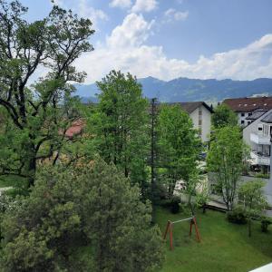 vistas a un parque con árboles y un columpio en Allgäu Auszeit, en Sonthofen