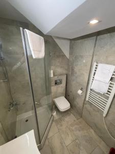 y baño con ducha, aseo y lavamanos. en Double bedroom apartment in Belgrade en Belgrado