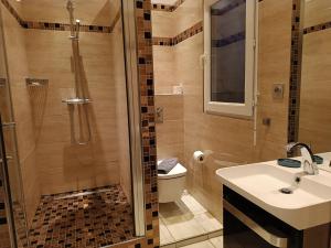 La salle de bains est pourvue d'une douche, d'un lavabo et de toilettes. dans l'établissement Appartement centre ville, à Rouen