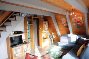 ein Wohnzimmer mit einem Sofa und einem TV in der Unterkunft Ferienhaus Winnetou Schwarzkittelpfad 85 in Waldbrunn