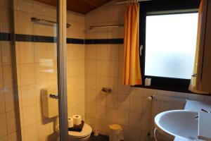 ein Bad mit einer Dusche, einem WC und einem Waschbecken in der Unterkunft Ferienhaus Scout Paradiesecke 179 in Waldbrunn