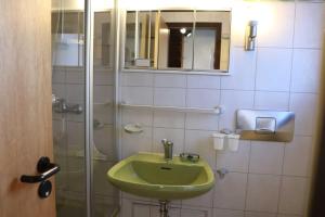 a bathroom with a green sink and a shower at Ferienhaus Winnetou Am Fuchsbau 67 in Waldbrunn