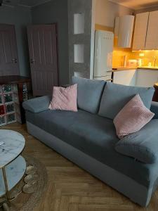 niebieska kanapa z dwoma różowymi poduszkami w salonie w obiekcie Apartament w trójmiescie w mieście Kowale