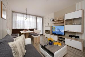 ein Wohnzimmer mit einem Sofa und einem TV in der Unterkunft White House Kaprun in Kaprun