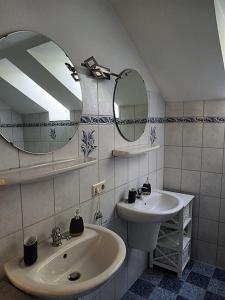 uma casa de banho com um lavatório e um espelho em Ferienwohnung Wiesenblick - a89952 em Scheggerott