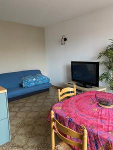 uma sala de estar com uma mesa e uma cama e uma televisão em Résidence Condorcet proche de l'aéroport d'Orly em Athis-Mons