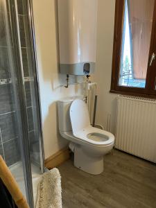 uma casa de banho com um WC e uma cabina de duche em vidro. em Résidence Condorcet proche de l'aéroport d'Orly em Athis-Mons