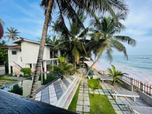 肯克拉的住宿－彩虹衝浪海灘旅館，棕榈树和大海海滩上的度假屋