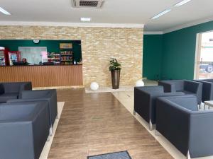 une salle d'attente avec des chaises bleues et des murs verts dans l'établissement Perola Verde Hotel, à Birigüi