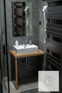 a bathroom with a sink and a mirror at Apartmán Kompas in Spišské Podhradie