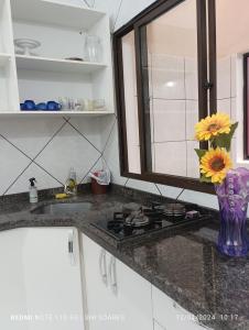a kitchen counter with a sink and a vase with flowers at Pousada Brisamar Morro dos Conventos in Conventos