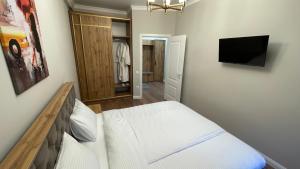 a bedroom with a bed and a flat screen tv at Deluxe Park Z hotel in Almaty