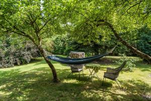 a hammock hanging from a tree in a yard at prawdziwy wiejski domeczek in Hajnówka