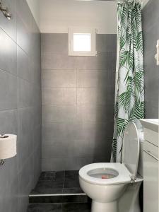uma casa de banho com um WC e uma cortina de chuveiro em The Greek side of life! em Artemida
