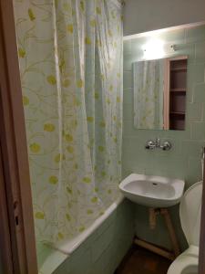 łazienka z umywalką i zasłoną prysznicową w obiekcie Ośrodek Wypoczynkowo-Hotelowy PRZĄŚNICZKA w Łodzi