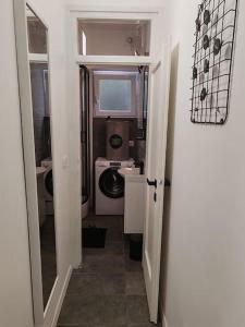 uma casa de banho com um lavatório e uma máquina de lavar roupa em Britstreet apartment em Zagreb