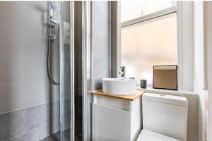 een badkamer met een toilet, een wastafel en een douche bij Stunning studio flats in Penge in Sydenham