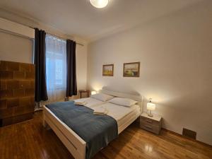 a bedroom with a large bed and a window at Charming apartment Laura Tour As Ljubljana by Town Hall in Ljubljana